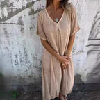 Damen Luftiges Leinenmaxikleid mit V-Ausschnitt und weit schwingendem Saum R&B