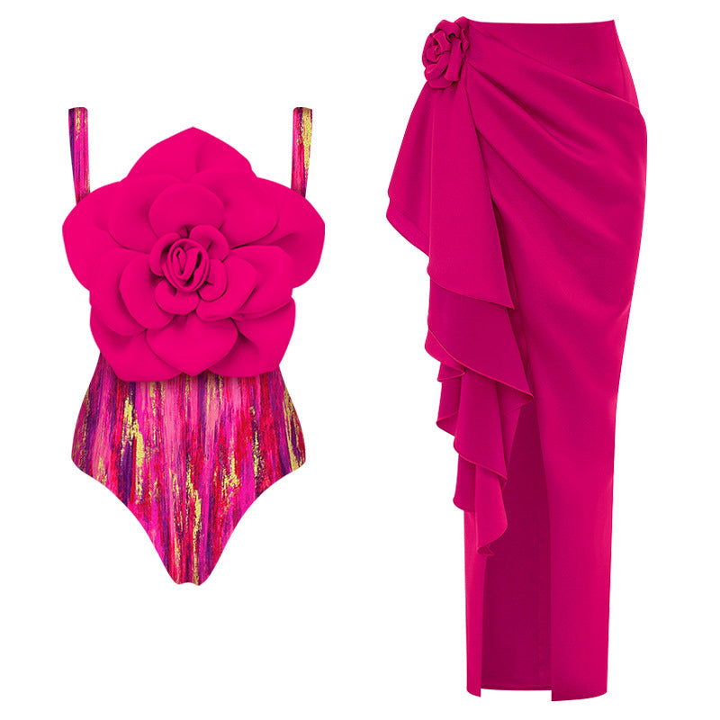 Damen Badeanzug mit floralem Volumen und passendem Wickelrock R&B