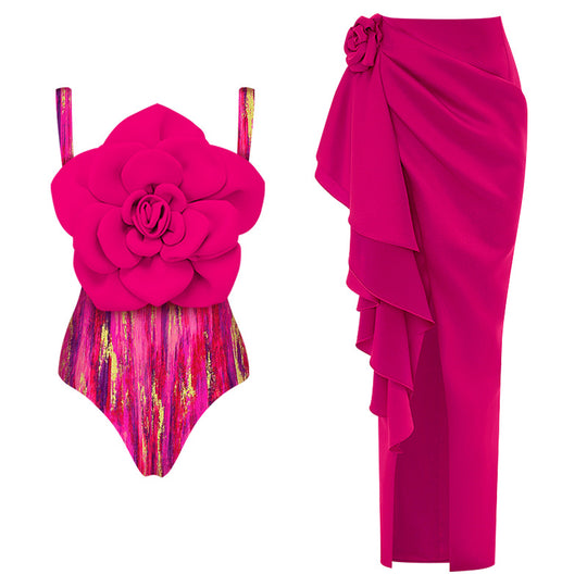 Damen Badeanzug mit floralem Volumen und passendem Wickelrock R&B