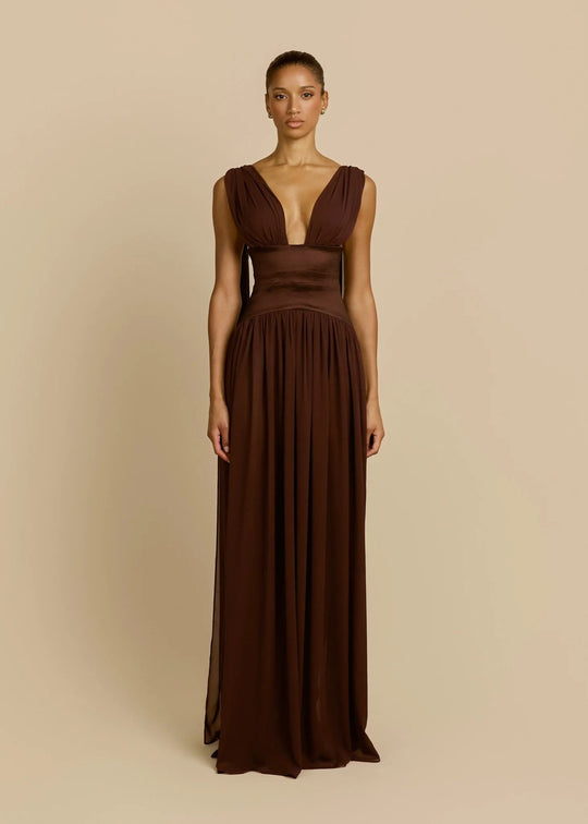Damen Elegantes Langarm-Maxikleid mit tiefem V-Ausschnitt R&B