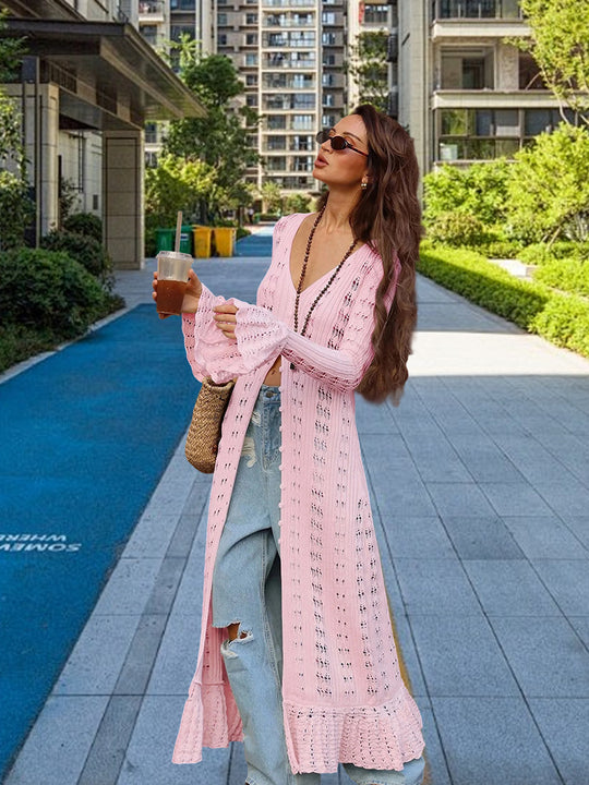 Damen Großer Strickcardigan mit offener Maschenstruktur und weit geschnittenen Ärmeln R&B