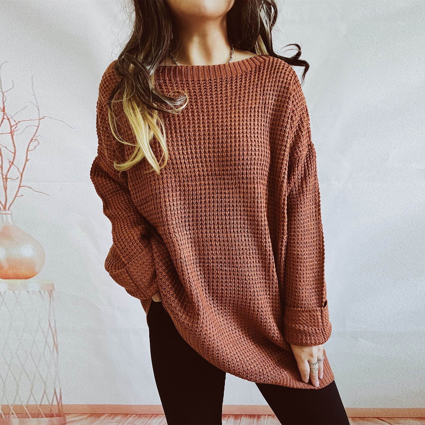 Damen lässiger Strickpullover mit weitem Schnitt und offenem Rückendesign R&B