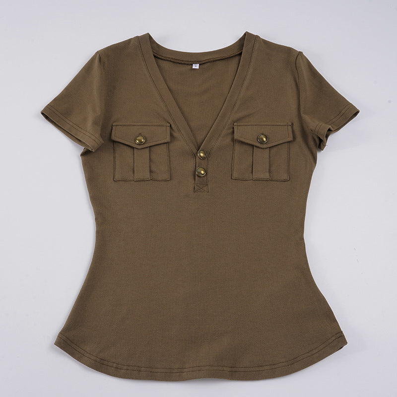 Damen Kurzarmshirt mit Knopfdetails und seitlichen Taschen R&B