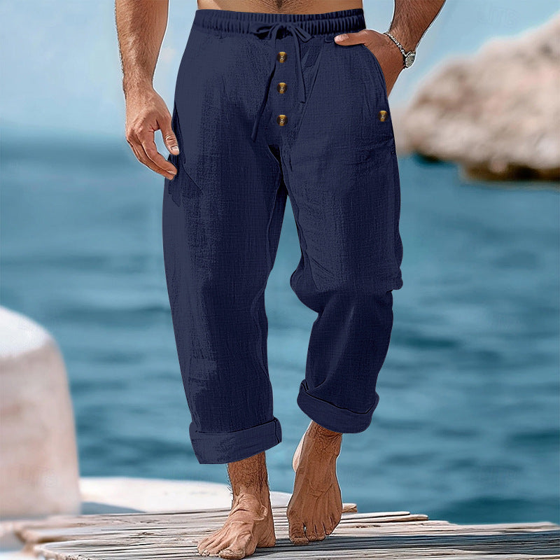 Herren nan lockere Leinen-Baumwoll-Hose mit elastischem Bund, Kordelzug und aufgekrempeltem Saum R&B