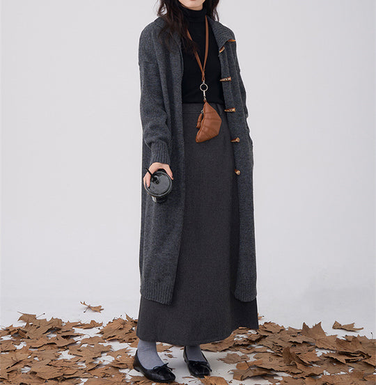 Damen langer Strickmantel mit Knöpfen und praktischen Taschen R&B