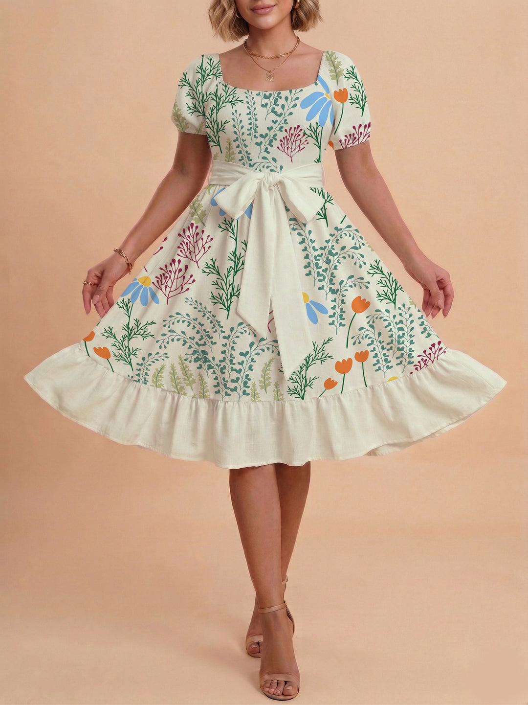 Damen modernes Blumenkleid mit elegantem Taillengürtel und asymmetrischem Saum R&B
