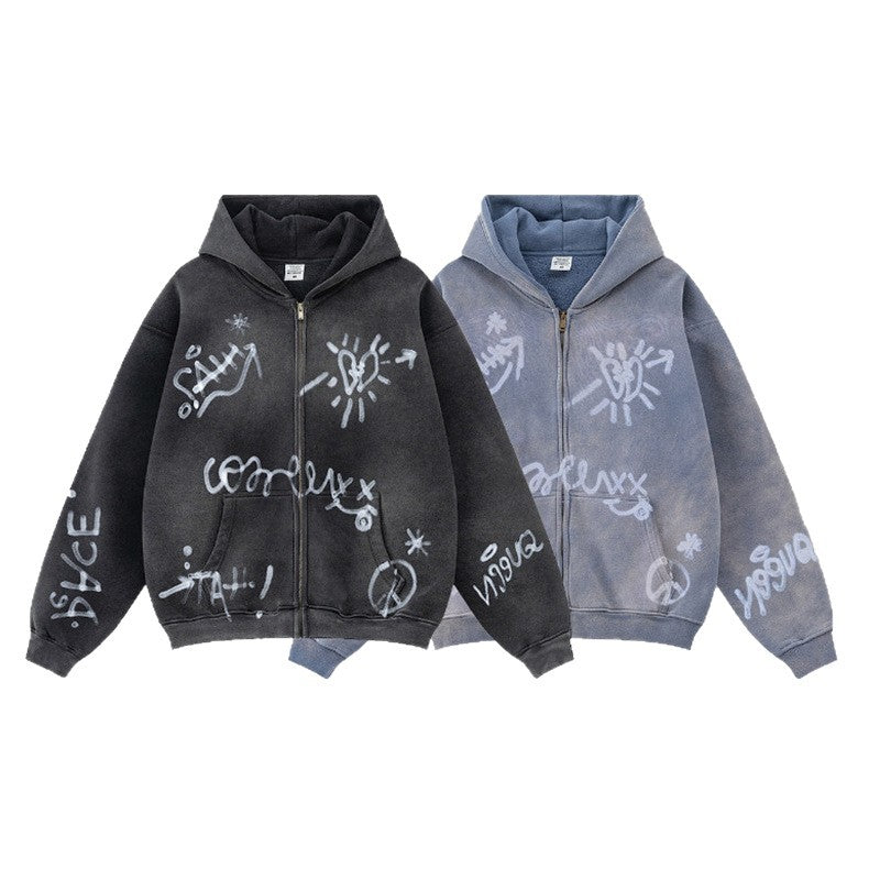 Unisex nan oversized Kapuzenjacke mit durchgehendem Reißverschluss, gebürstetem Fleecefutter und handähnlichem Sprayprint R&B