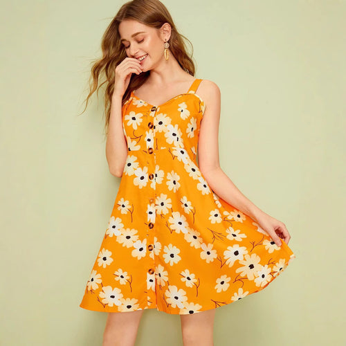 Damen Sommerkleid mit Blumenmuster und Knopfleiste R&B