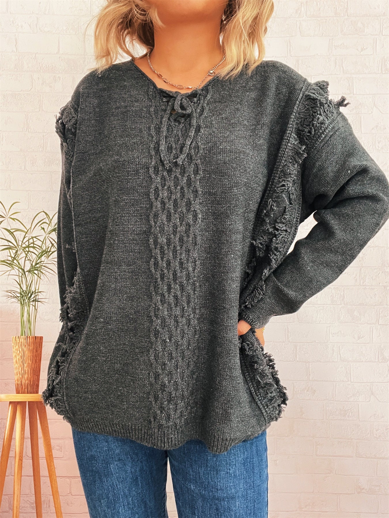Damen Oversize-Strickpullover mit verspieltem Fransen-Design und Zopfmuster R&B