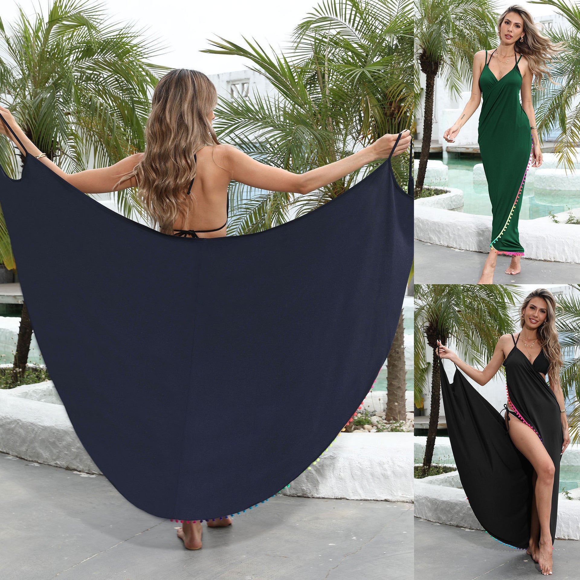 Damen elegantes Maxikleid mit buntem Pompom-Rand R&B