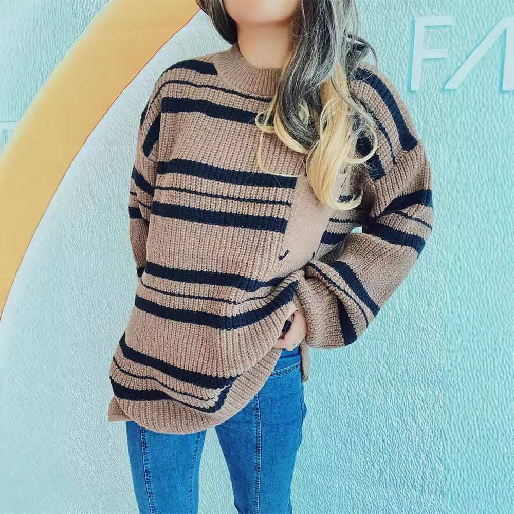 Damen lässiger Strickpullover mit modernem Streifenmuster R&B