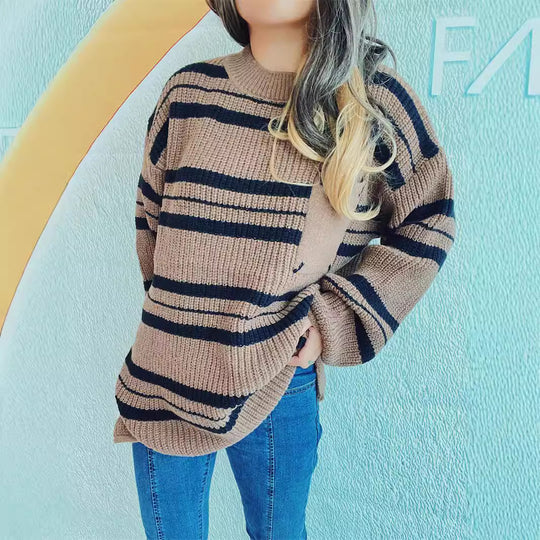 Damen lässiger Strickpullover mit modernem Streifenmuster R&B