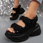 Damen Sneakersandalen mit komfortablem Klettverschluss und glitzernder Oberflächenstruktur R&B
