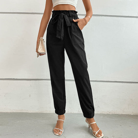 Damen lässige Stoffhose mit elastischem Bund und Bindegürtel R&B