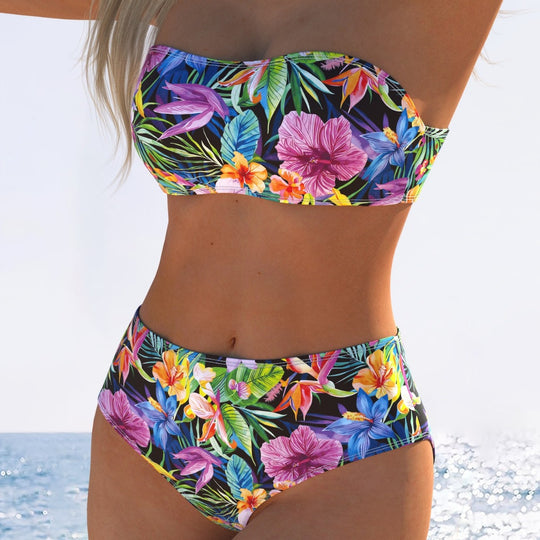 Damen Bandeau-Bikini mit hohem Taillenschnitt und buntem Tropenmotiv R&B
