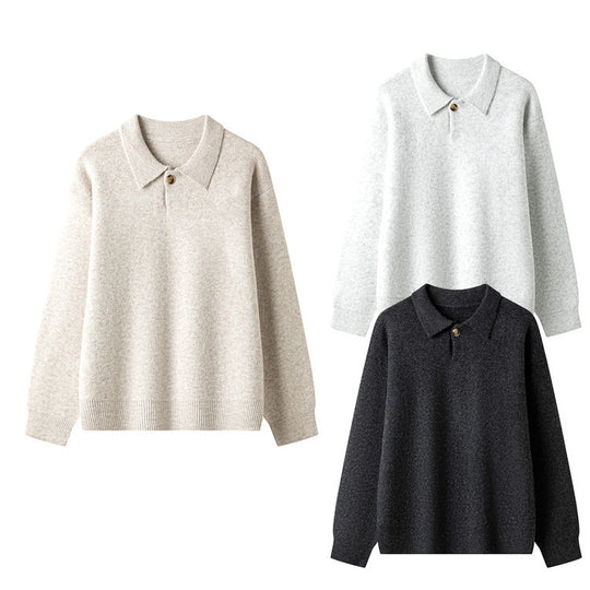 Damen eleganter Strickpullover mit Polokragen und Knopf R&B