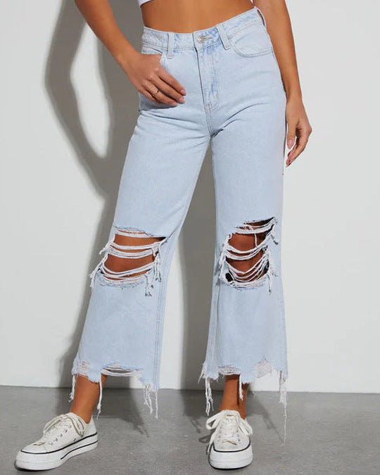Damen Mom Jeans mit ausgefranstem Saum und Rippen-Details R&B