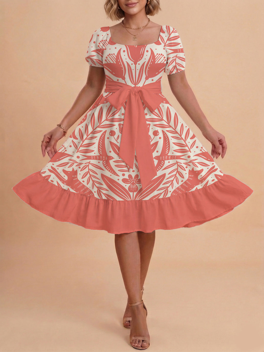 Damen Sommerkleid mit floralem Puffärmel und taillierbarem Gürtel R&B