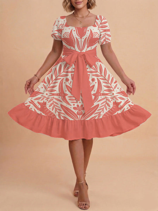 Damen Sommerkleid mit floralem Puffärmel und taillierbarem Gürtel R&B