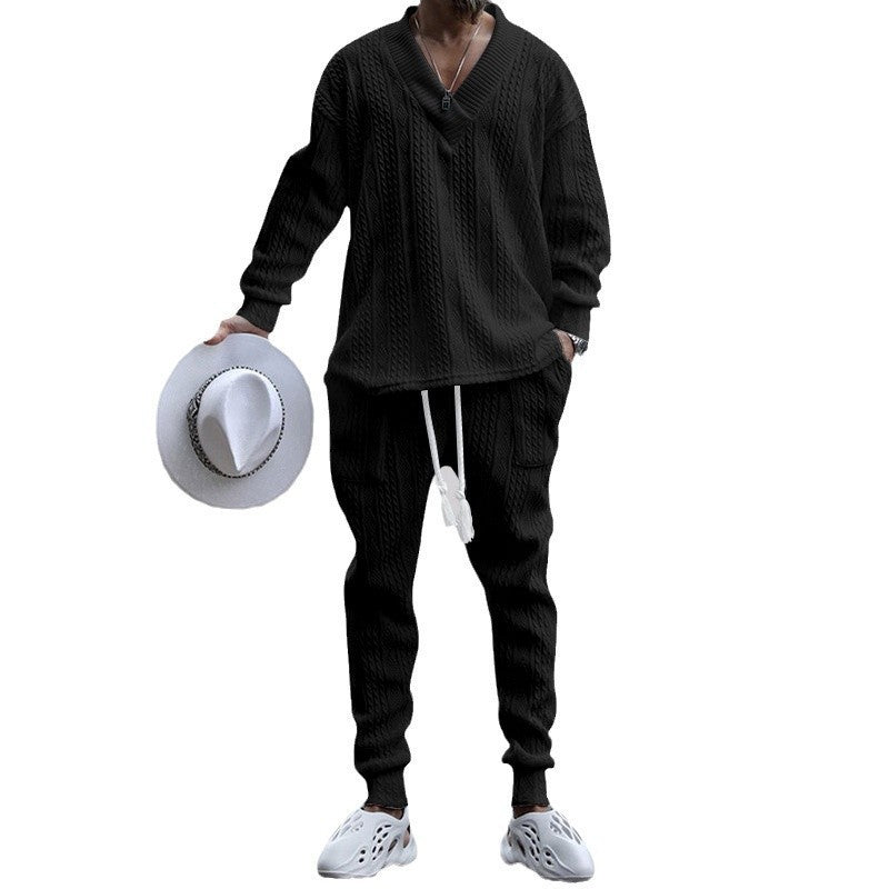 Herren nan gestricktes Lounge-Set mit tiefem V‑Ausschnitt, Kordelzug-Jogginghose und Rippbündchen R&B