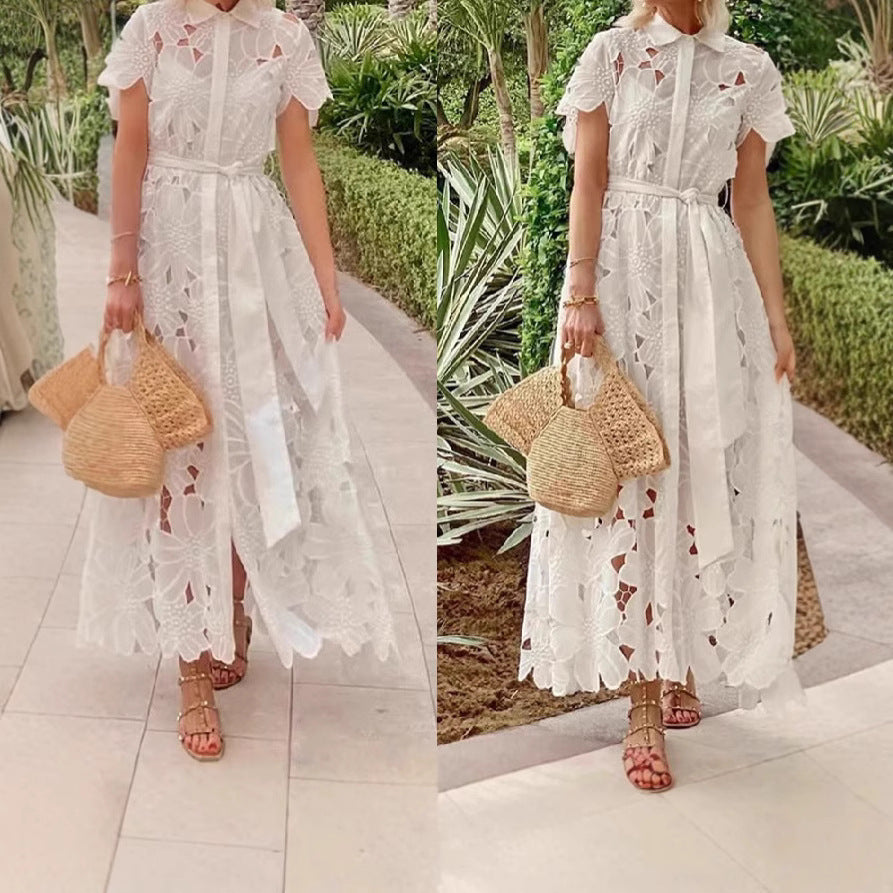 Damen nan langes Spitzenkleid mit Hemdblusenkragen, floraler ausgeschnittener Spitze und Bindegürtel R&B