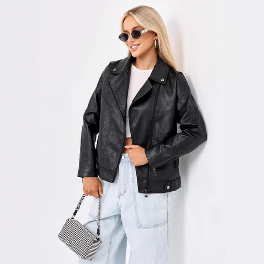 Damen hochwertige Kunstlederjacke im Biker-Stil mit asymmetrischem Reißverschluss R&B