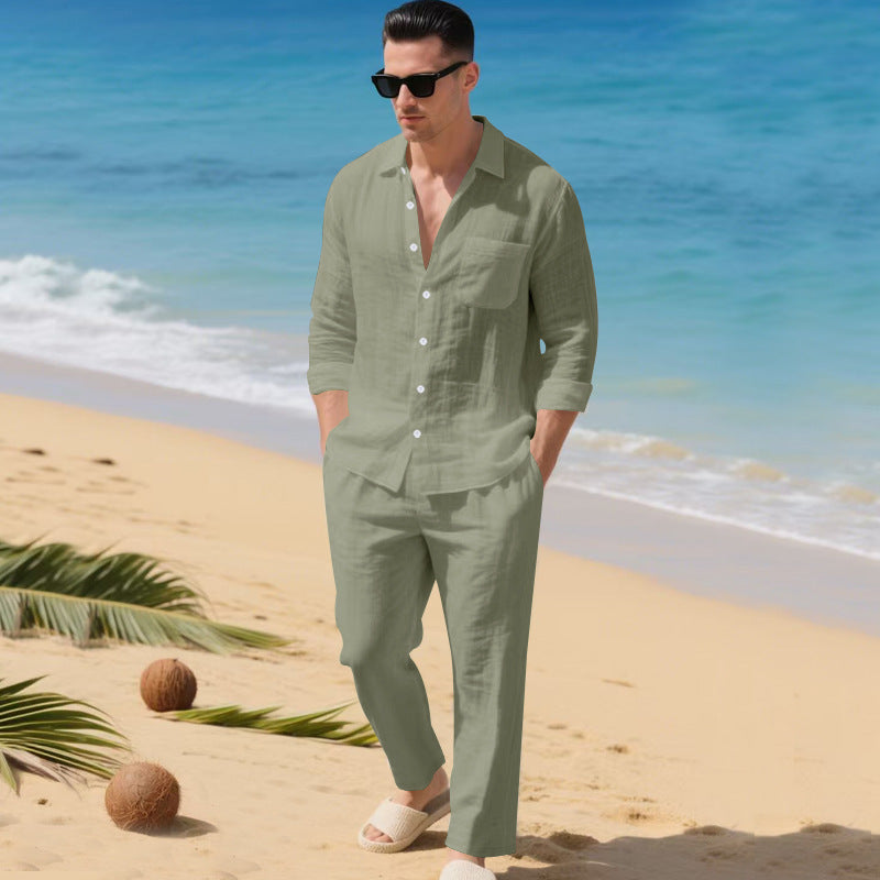 Herren leichtes Leinen-Outfit mit stilvollem Hemd und eleganter Hose R&B