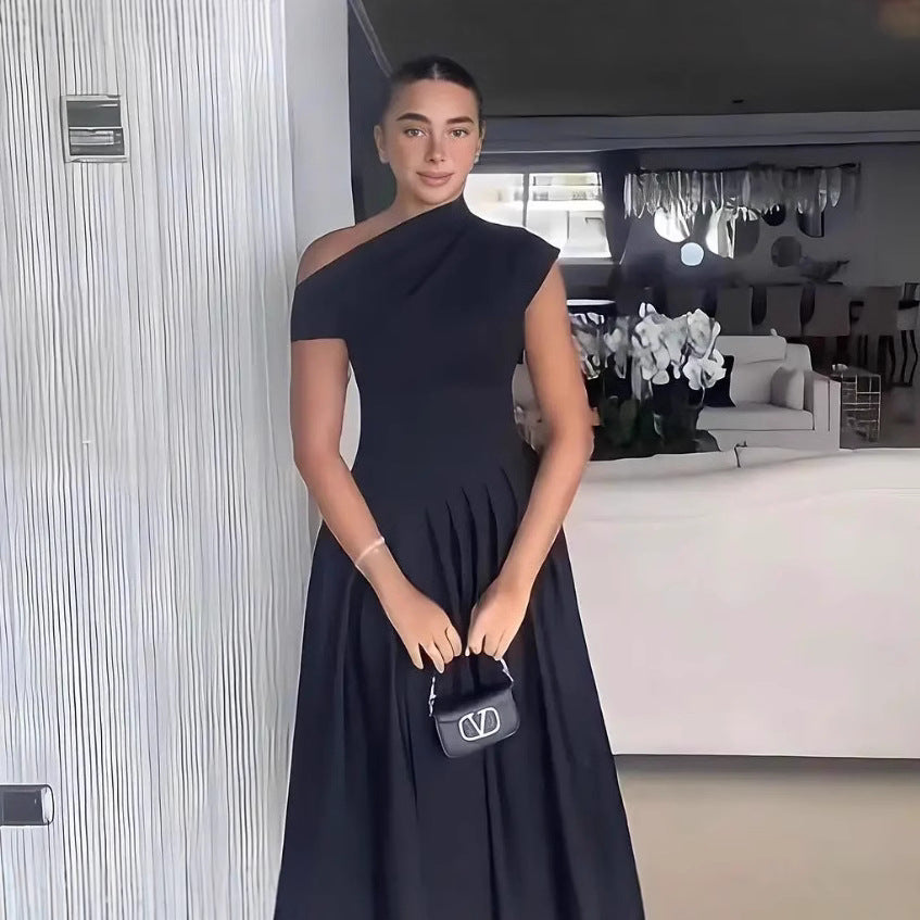 Damen elegantes Maxikleid mit asymmetrischem One-Shoulder-Design und schwingendem Rock R&B