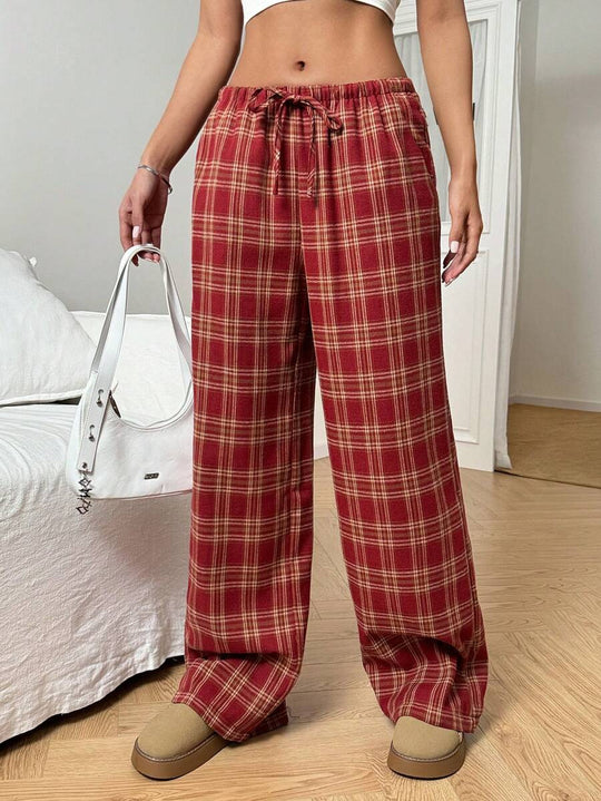 Damen lässige Karohose mit elastischem Bund und Kordelzug R&B