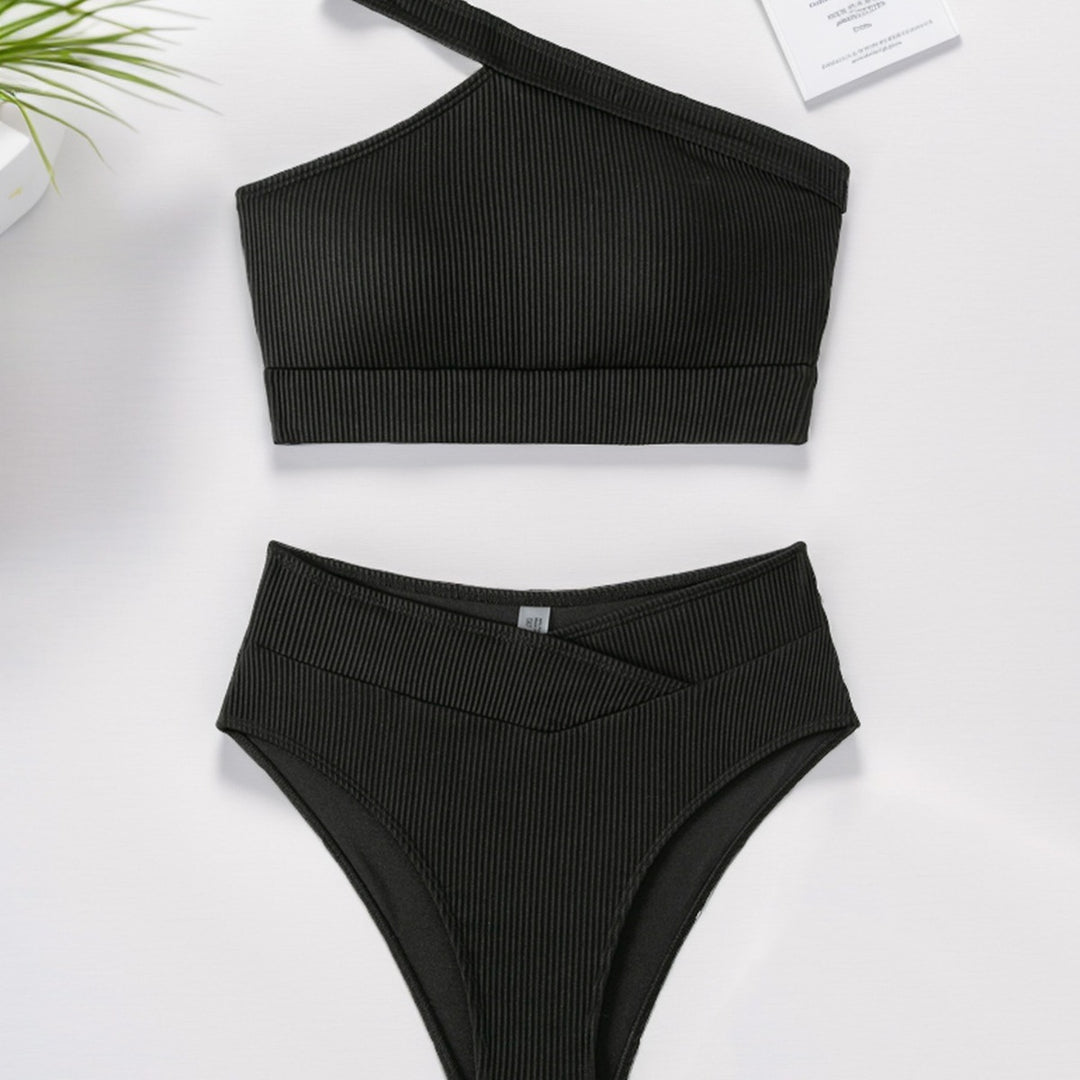 Damen Sport-Bikini mit asymmetrischem Oberteil und hohem Bund R&B