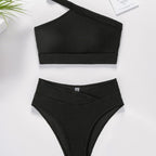 Damen Sport-Bikini mit asymmetrischem Oberteil und hohem Bund R&B