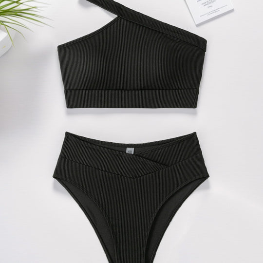 Damen Sport-Bikini mit asymmetrischem Oberteil und hohem Bund R&B