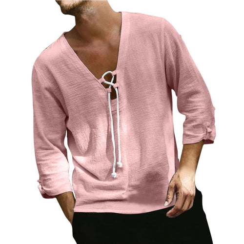 Herren lässige Leinenbluse mit V-Ausschnitt und Kordelzug R&B
