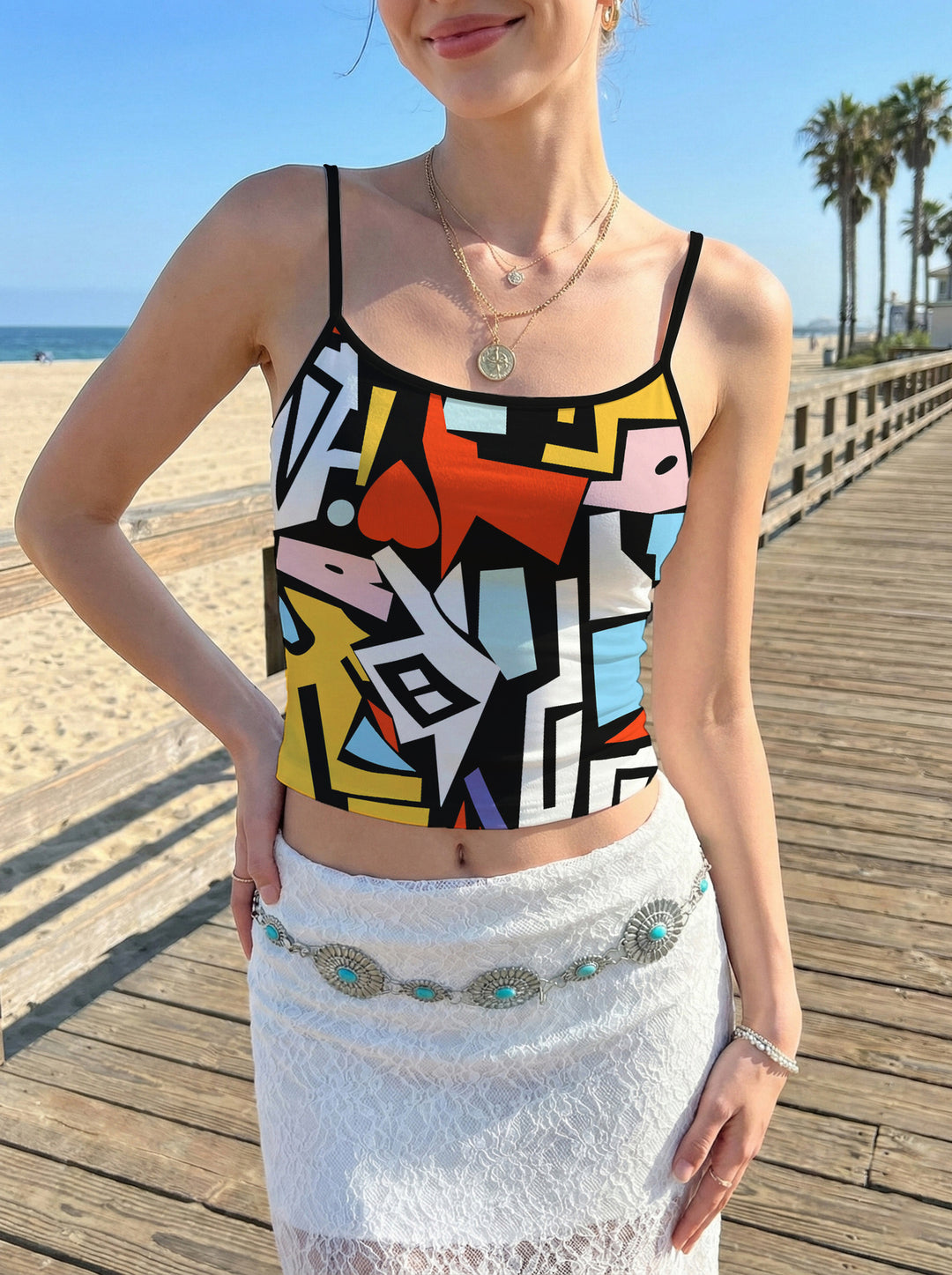 Damen Crop-Top mit floralem Motiv und verstellbaren Trägern R&B