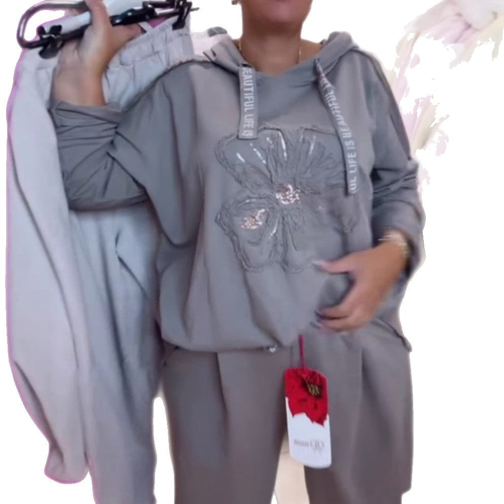 Damen nan entspanntes Lounge-Set mit Blüten-Pailletten-Hoodie, Kordelzug und weiter Bundfaltenhose R&B