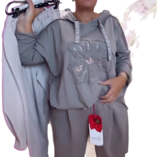 Damen nan entspanntes Lounge-Set mit Blüten-Pailletten-Hoodie, Kordelzug und weiter Bundfaltenhose R&B