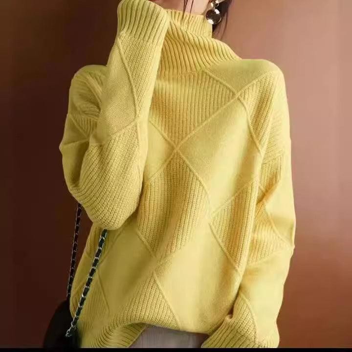 Damen hochwertiger Strickpullover mit stehendem Kragen und extravagantem Rautenmuster R&B