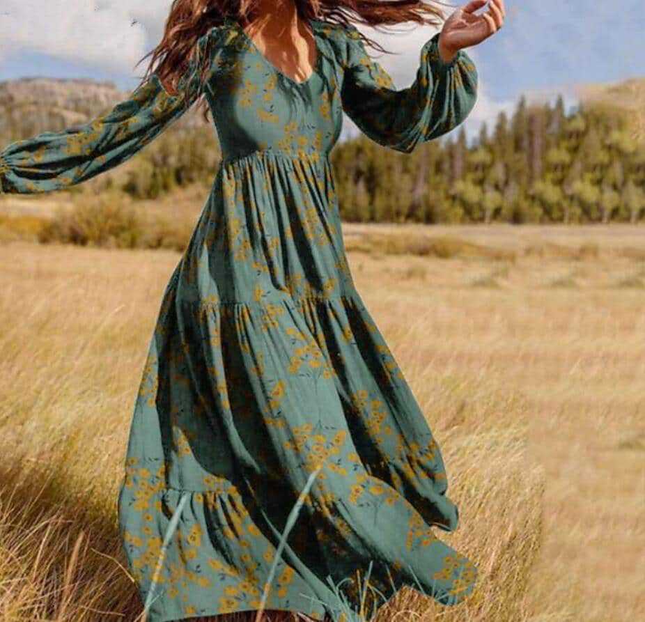 Damen Boho-Langarmkleid mit floralen Akzenten und schwingendem Saum R&B