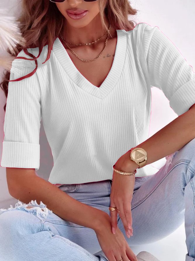 Damen V-Ausschnitt Kurzarmshirt aus geripptem Stoff R&B