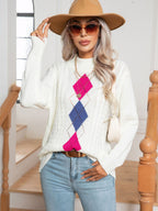 Damen Strickpullover mit modernem Rautenmuster und Zopfmuster R&B