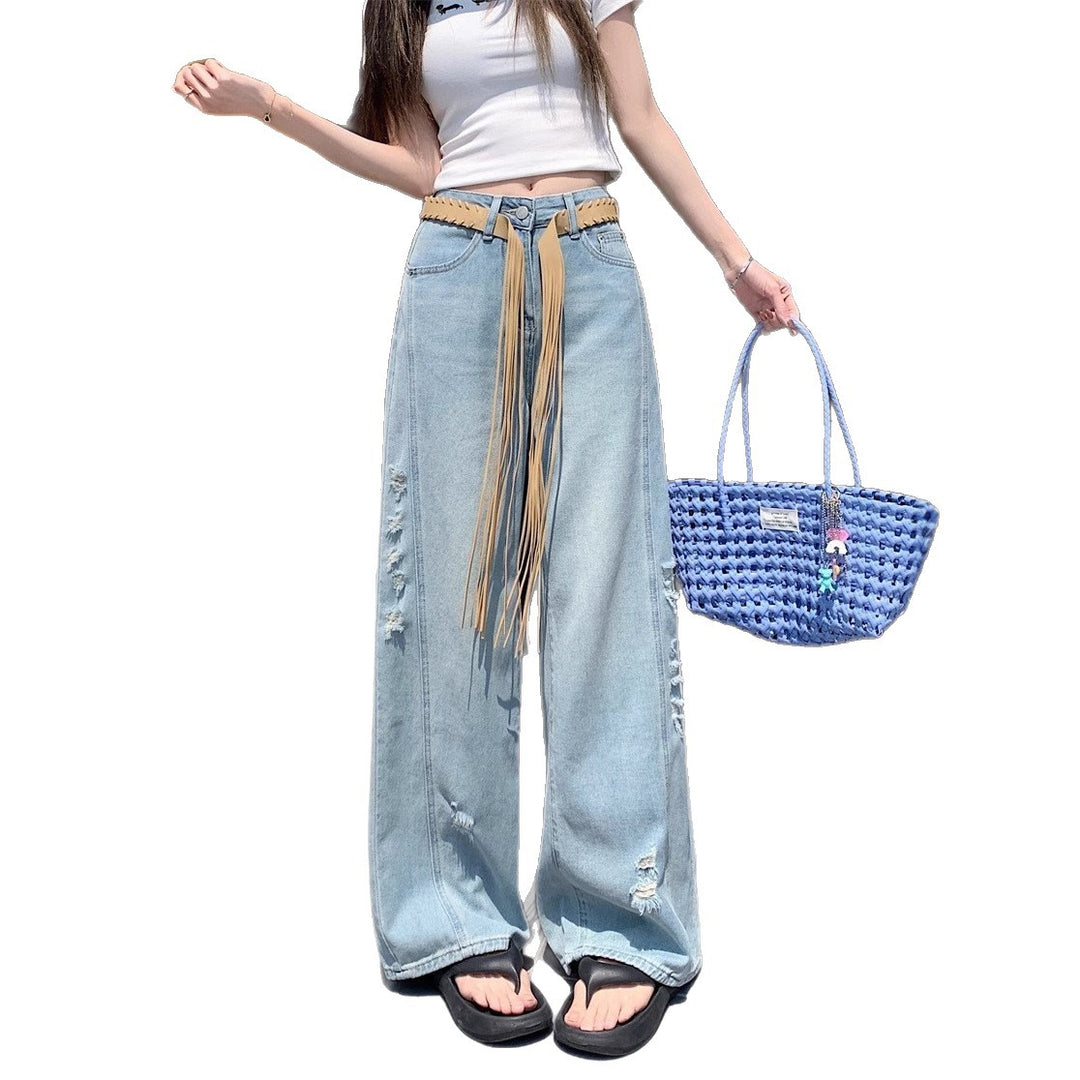 Damen Weite Jeans mit modischen Rissen und hohem Bund R&B