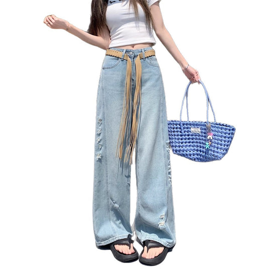 Damen Weite Jeans mit modischen Rissen und hohem Bund R&B