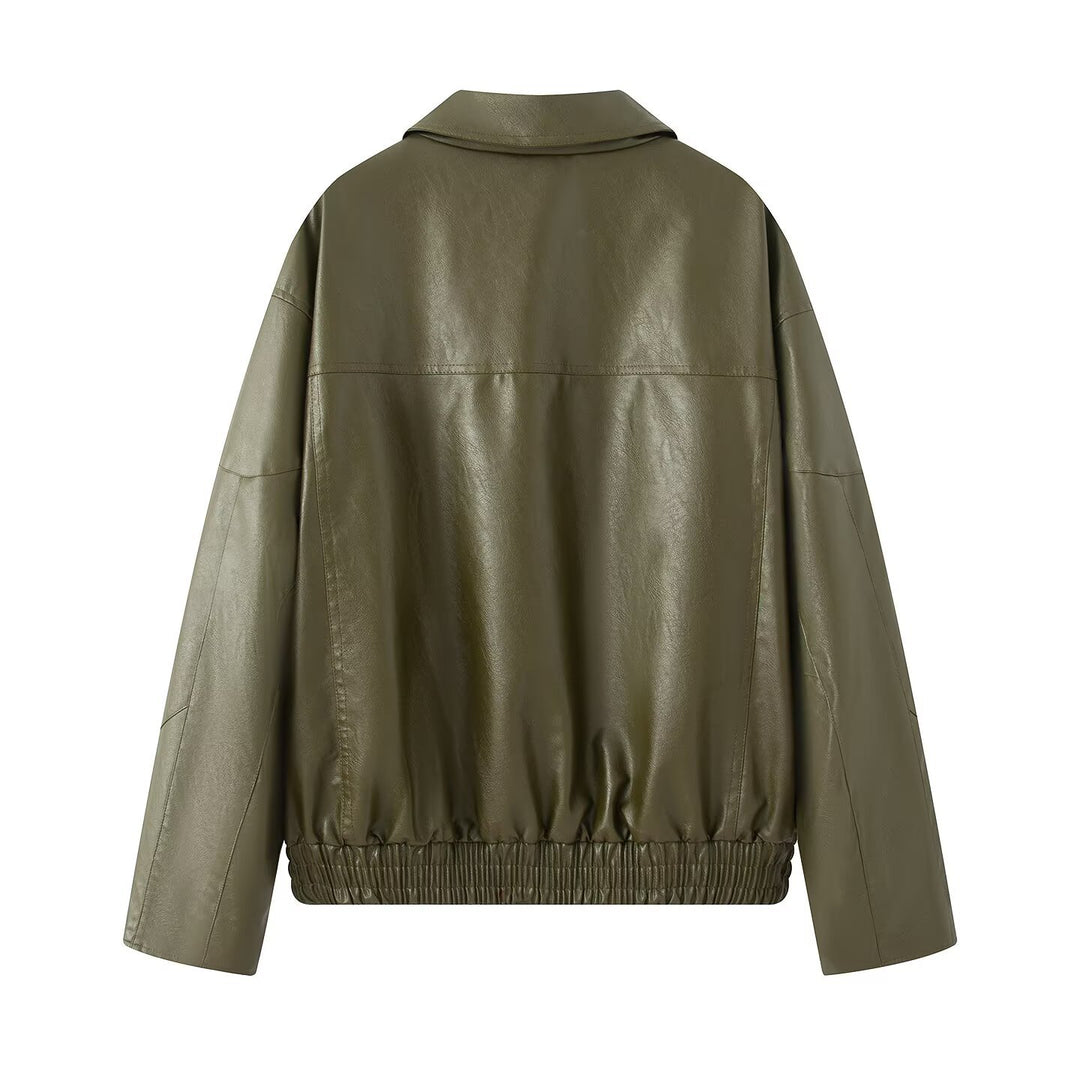 Damen elegante Kunstlederjacke mit praktischen Reißverschluss-Taschen R&B