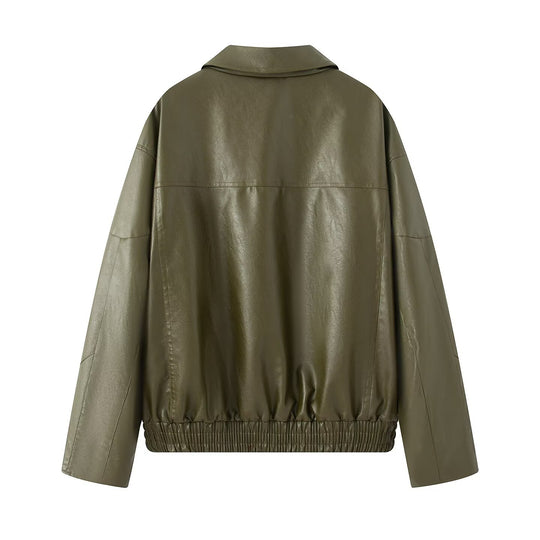 Damen elegante Kunstlederjacke mit praktischen Reißverschluss-Taschen R&B