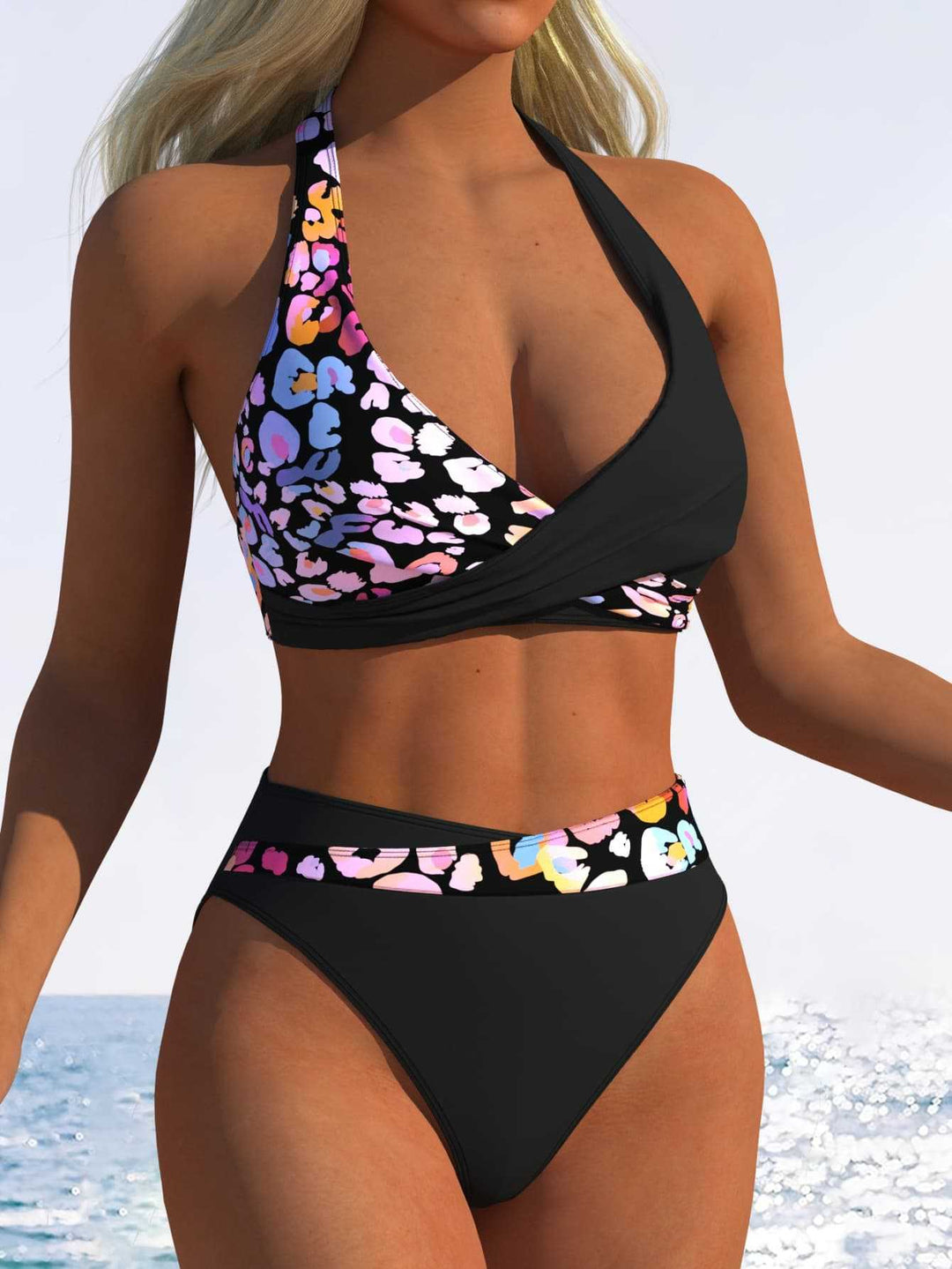 Damen Hoch geschnittenes Bikini-Set mit modischem Wickeloberteil und elastischem Bund R&B