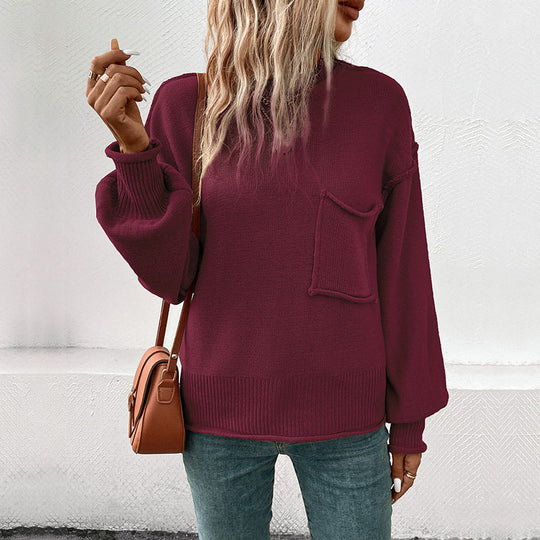Damen lässiger Pullover mit voluminösen Ärmeln und praktischer Taschendetail R&B
