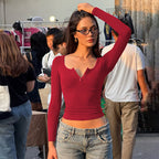 Damen figurbetontes Langarmshirt mit Knopfleiste R&B