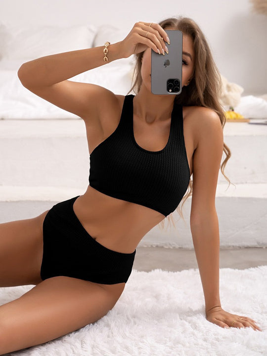 Damen Sport Bikini-Set mit hohem Taillenschnitt und strukturiertem Oberteil R&B