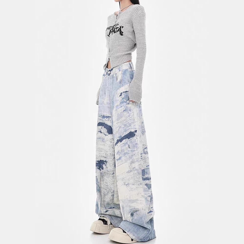 Damen Weite Jeanshose im kreativen Kunstdesign R&B