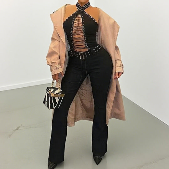 Damen Stylisches Oberteil mit aufwendigem Schnür-Design und glitzernden Akzenten R&B